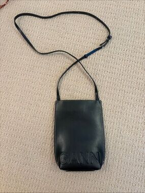 Ganni Black Embossed Leather Crossbody Phone Pouch
